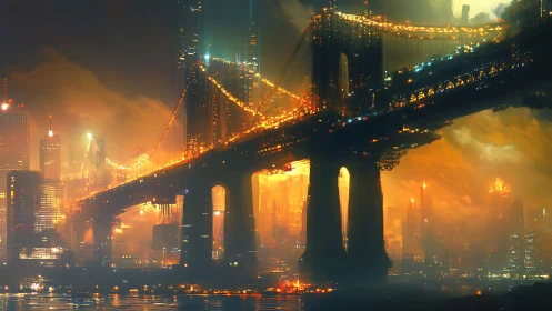 Dreamlit city bridge glowing through neon-tinted dusk.