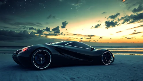 Streamlined black concept car on coastal beach at dusk.