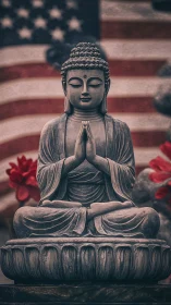 Buddha statue in prayer pose before blurred US flag backdrop