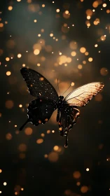 Butterfly silhouette glows against blurred warm bokeh lights