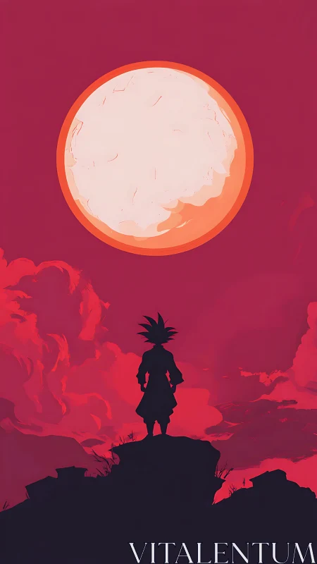 Lone spiky haired hero calmly studies a bold crimson moon