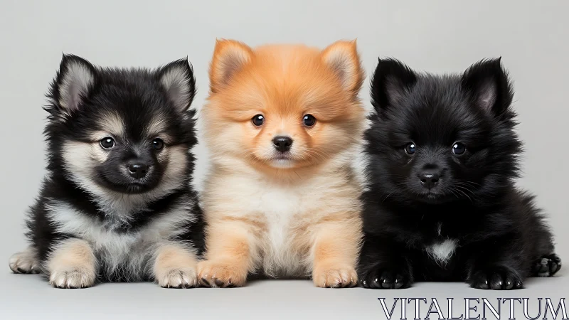 Fluffy Pomeranian puppies posed against neutral studio backdrop.