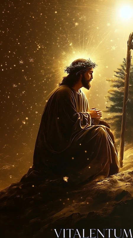 Kneeling robed figure with halo in golden illuminated scene.