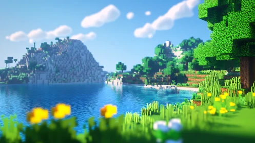 Minecraft Landscape with Mountain and Lake Shore.