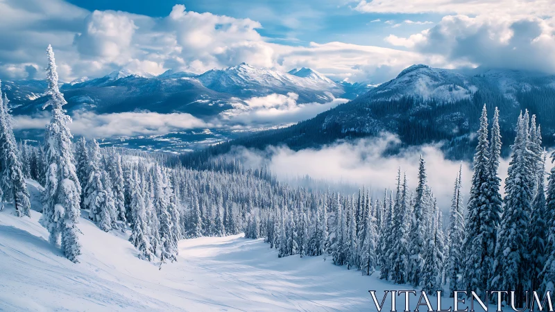 Snow-covered alpine valley opens beneath distant mountain peaks