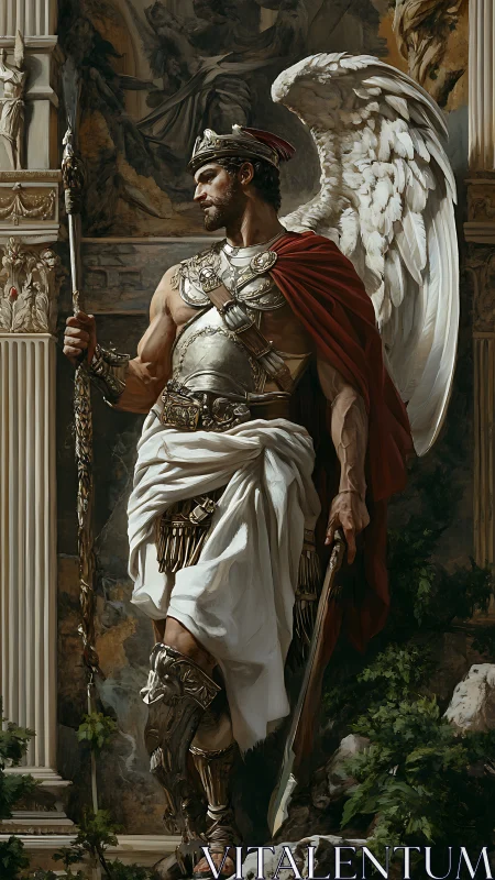 Winged armored figure in classical architectural setting.
