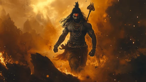 Warrior deity strides through molten inferno in amber haze.