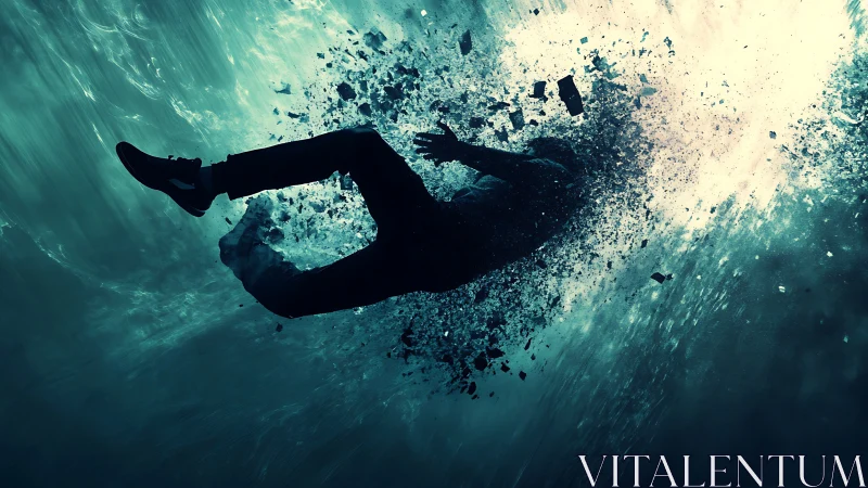 Silhouetted figure shatters apart while sinking into teal void