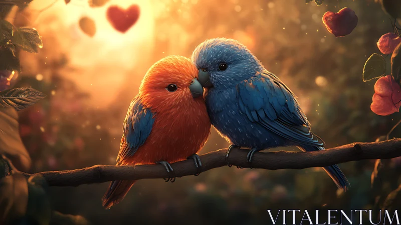 Two Colorful Lovebirds Cuddling on Branch in Warm Sunset Light.