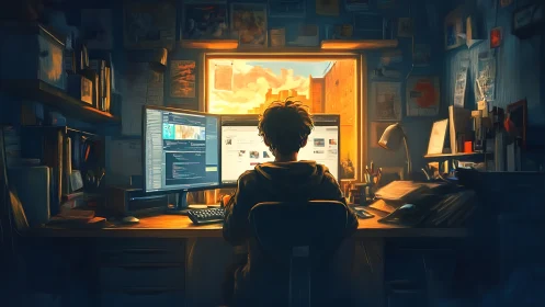 Golden hour coder at a cozy, cluttered creative desk.