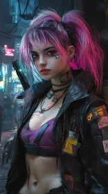 Neon-haired street mercenary in rainy cyberpunk alleyway.