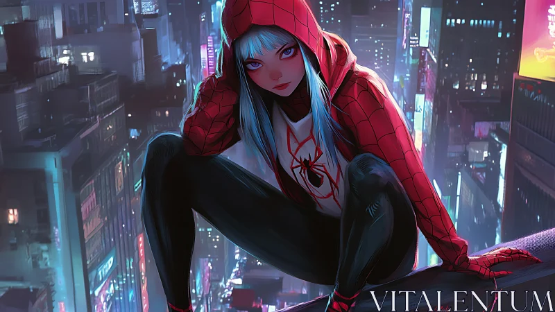 Spider-heroine crouches over neon city in brooding night vigil