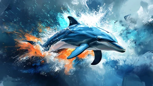 Dynamic digital painting of a leaping dolphin in splash motion.