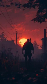 Silhouetted tactical operator walking through overgrown powerline road at sunset