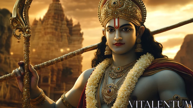 Divine warrior deity holds bow before sunlit temple complex