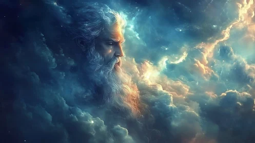 Celestial elder visage emerging from illuminated storm clouds