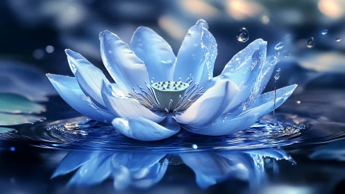 Bioluminescent blue lotus rendered in high-detail photorealism