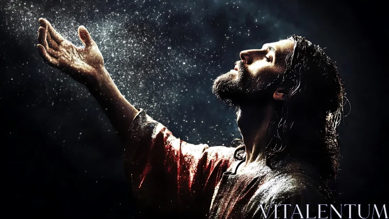 Dramatic side-lit robed figure reaching into radiant particles