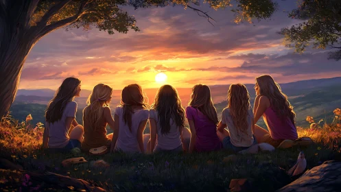 Group of Friends Watching Sunset on Hilltop, Warm Painterly Style.