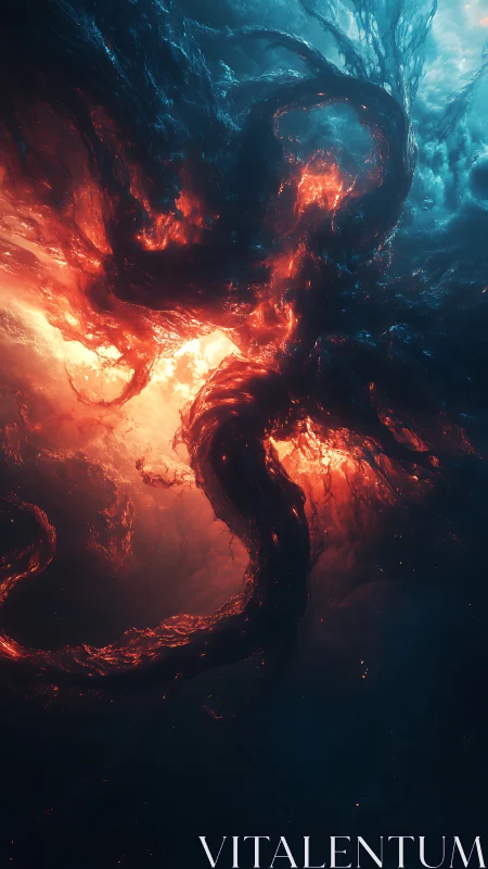 Volumetric tendrils of red and blue energy intersect in space