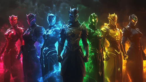 Armored elemental warriors stand aligned in chromatic mist