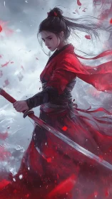 Female swordswoman in red robe against abstract storm backdrop.