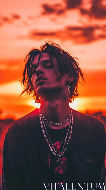 Moody portrait of young man at vivid red sunset sky.