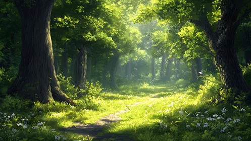 Luminous Forest Cathedral: Where Ancient Giants Frame Emerald Light.