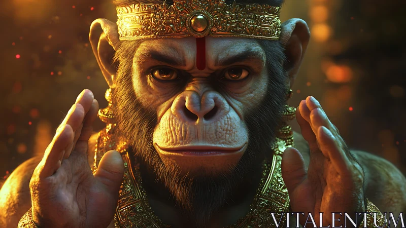 Regal monkey warrior gazes forward in glowing gold armor.