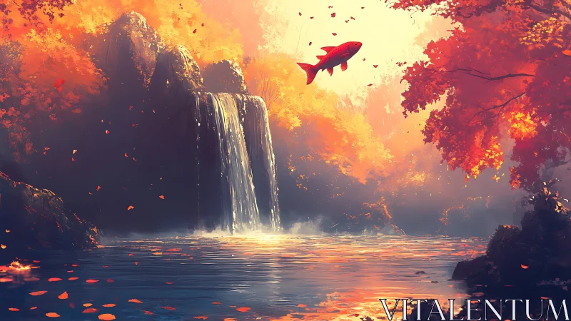 Golden forest waterfall with soaring koi in autumn light.