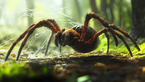 Giant hairy spider stalking forest floor in dramatic light.