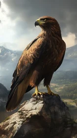 Golden eagle stands on rocky peak above distant valley
