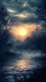 Misty river at dusk under low sun and dense clouds.