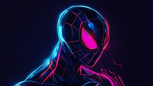Neon cyber spider hero portrait in glowing profile.
