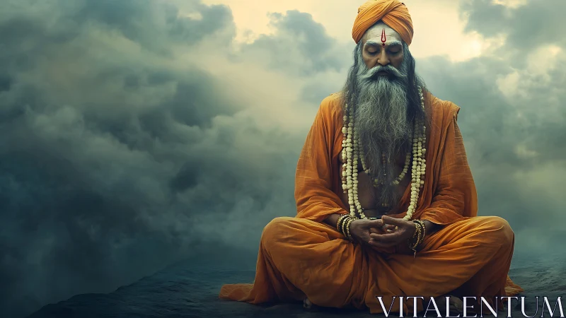 Skyborne sage in swirling clouds of quiet meditation.