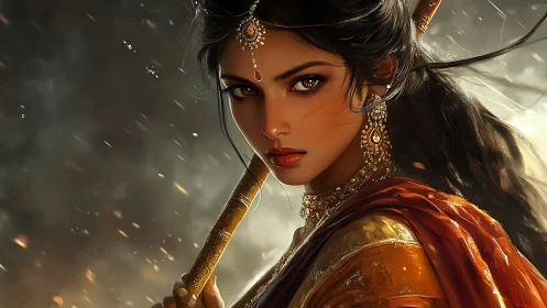 Warrior gaze carves firelight through the stormed dusk air