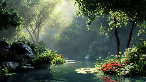 Dense forest pond with rocks, lilies, and filtered sunlight.