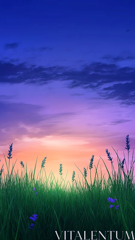 Twilight meadow silhouettes under radiant gradient sky.