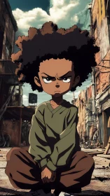 Defiant street kid crouches in sunlit urban wasteland.