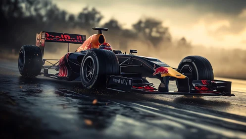 Sleek Formula race car powers forward on a misty wet track