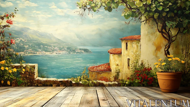 Sunlit seaside terrace with flowers and rustic villas by sea.