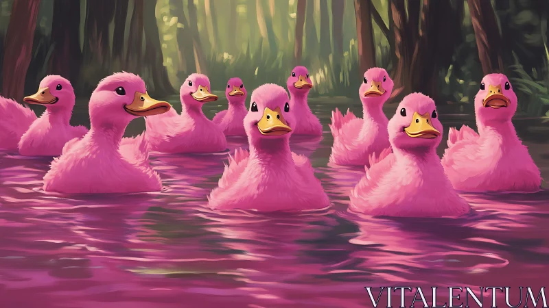 Pink ducklings swim through neon forest pond in formation