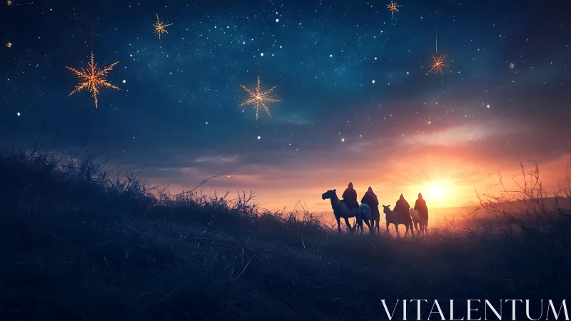 Digital nativity caravan under radiant celestial starfield.