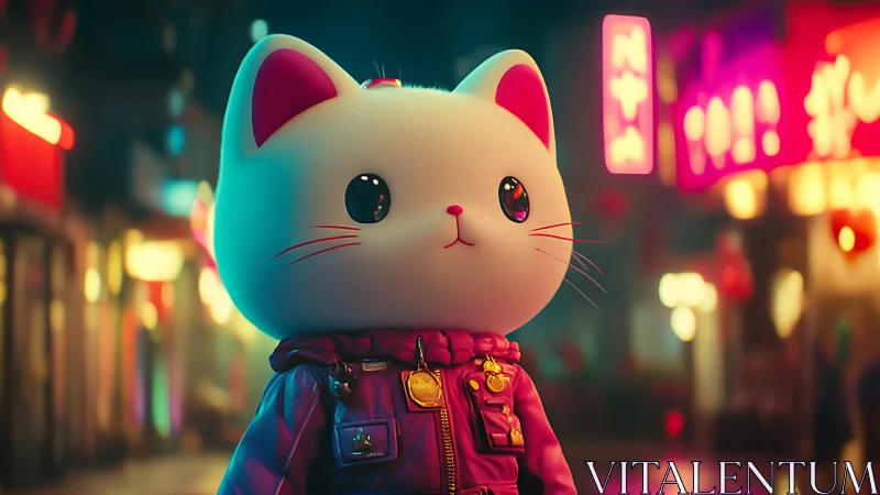 Neon night markets crown a tiny cyberpunk lucky cat hero