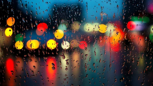 City traffic lights blurred through rainy window at night.