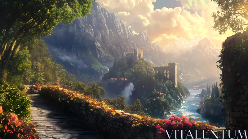 Fantasy river citadel in luminous alpine valley landscape.