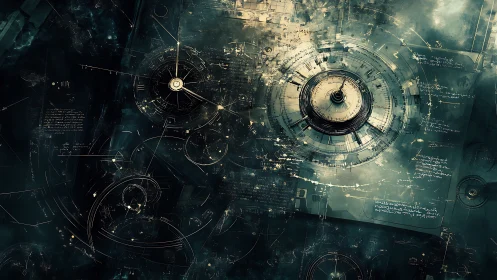 Futuristic circular schematics overlay dense technical blueprints