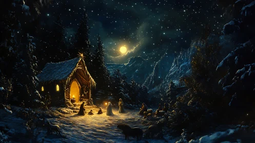 Nativity under moonlit alpine sky glows with warm light.