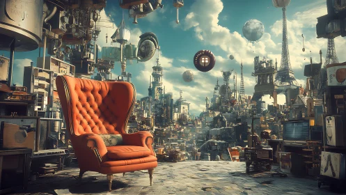 Cozy orange armchair in a whimsical floating cityscape.