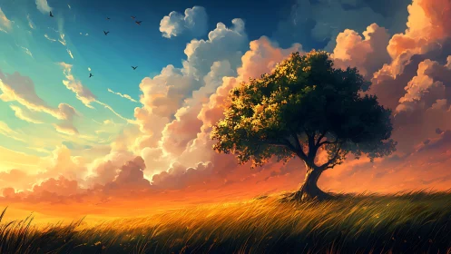 Majestic tree at sunset in vibrant digital painting landscape.